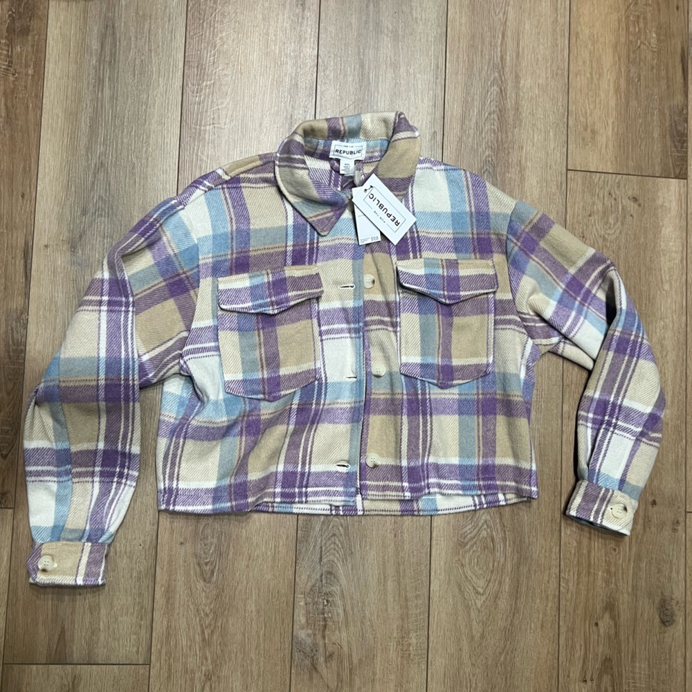 For The Republic Multicolor Crop Plaid Flannel Button Down Shirt NWT Medium